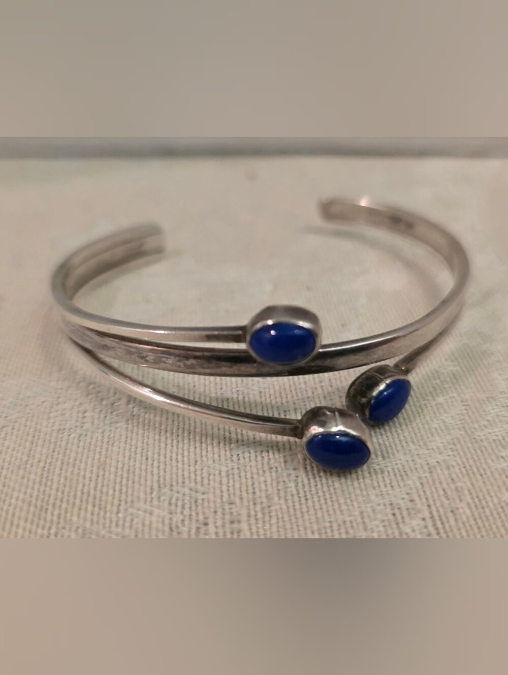 Vintage Modernist Multi-Strand Silver Cuff Bracelet w/ 3 Oval Lapis Lazuli
